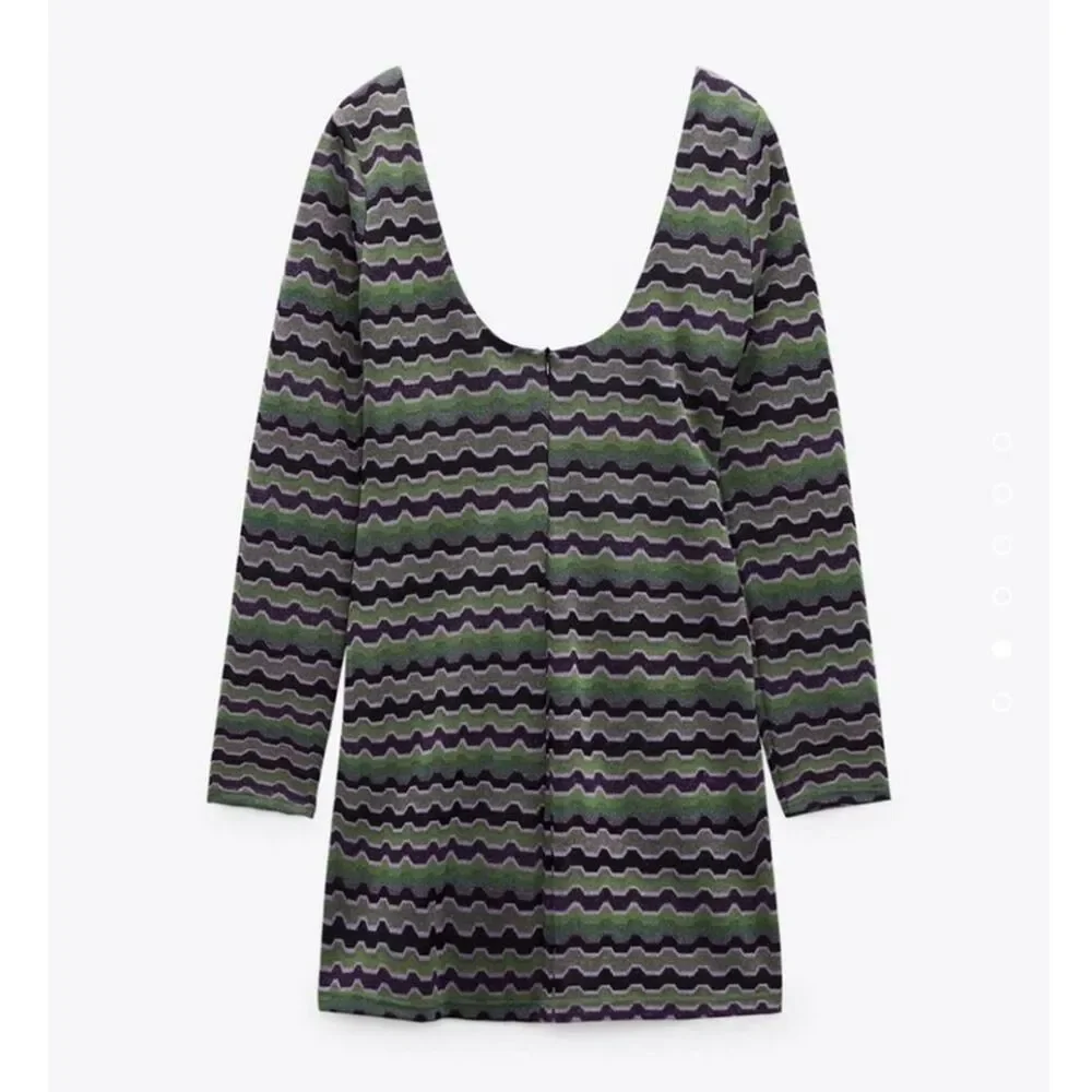 NWT Zara Green Purple Metallic Geo Striped 90s Y2K Cutout Mini Dress Size Small